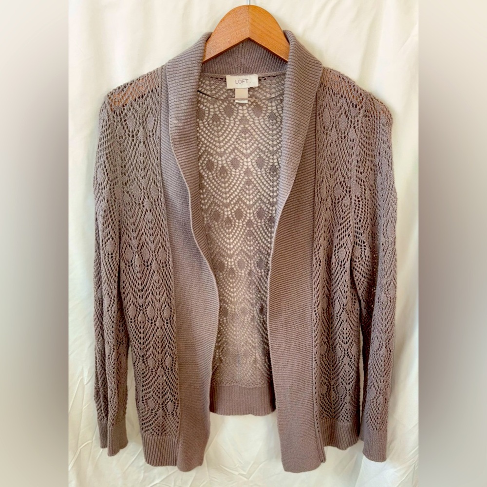 LOFT Women's Taupe Open Knit Sweater Cardigan Size Large